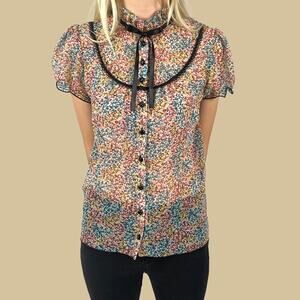 H&M Multicolor Floral Tie-Neck Short Sleeve Blouse